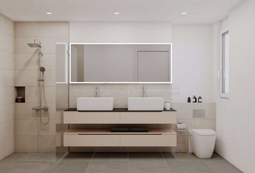 Gartentraum ! - Badezimmer mit Dusche, Doppellavabo und WC