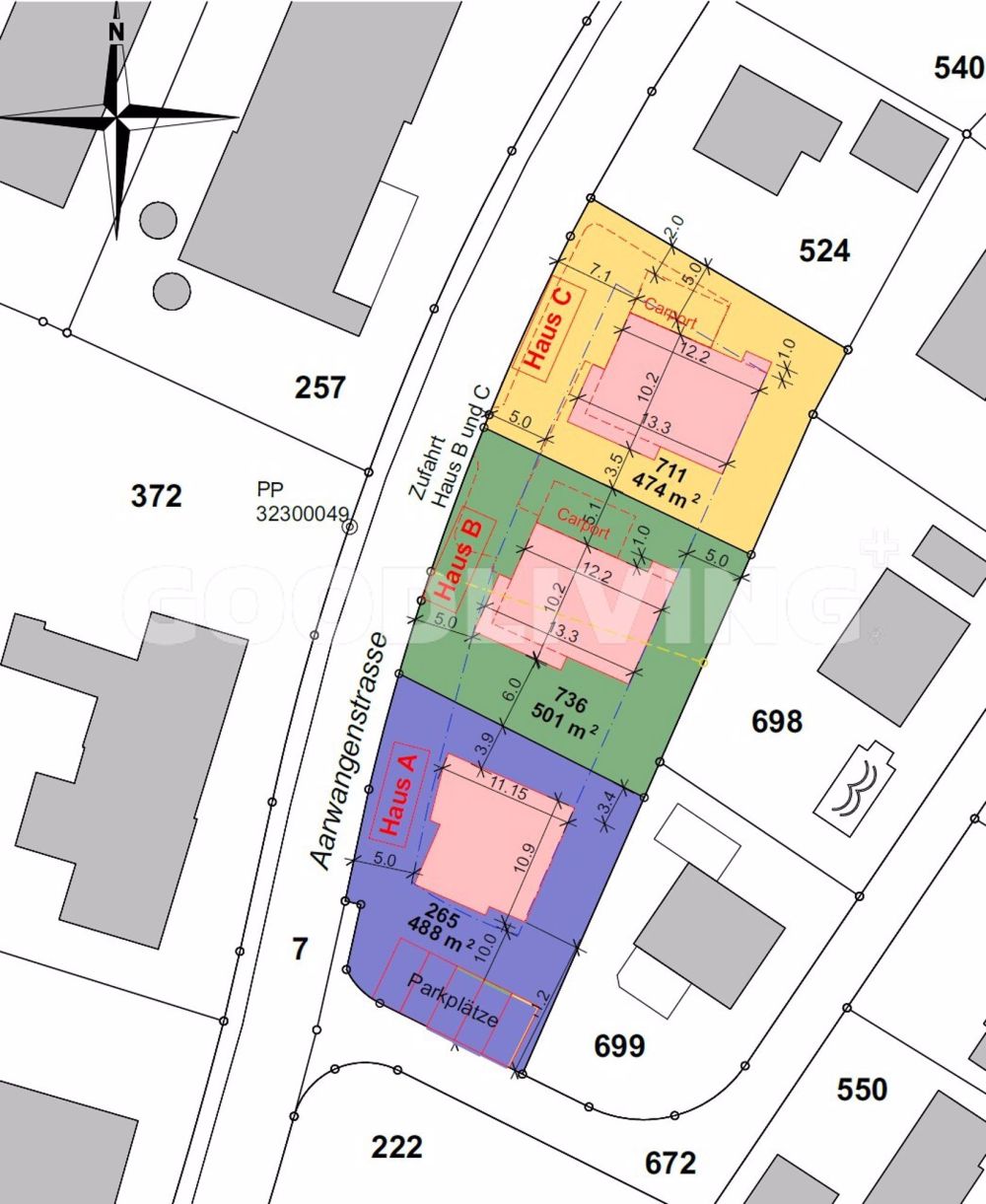Einmalige Chance an Idyllischer Lage: Bewilligtes Neubauprojekt HAUS C für die ganze Familie - Situationsplan Parzellenmarkierungen