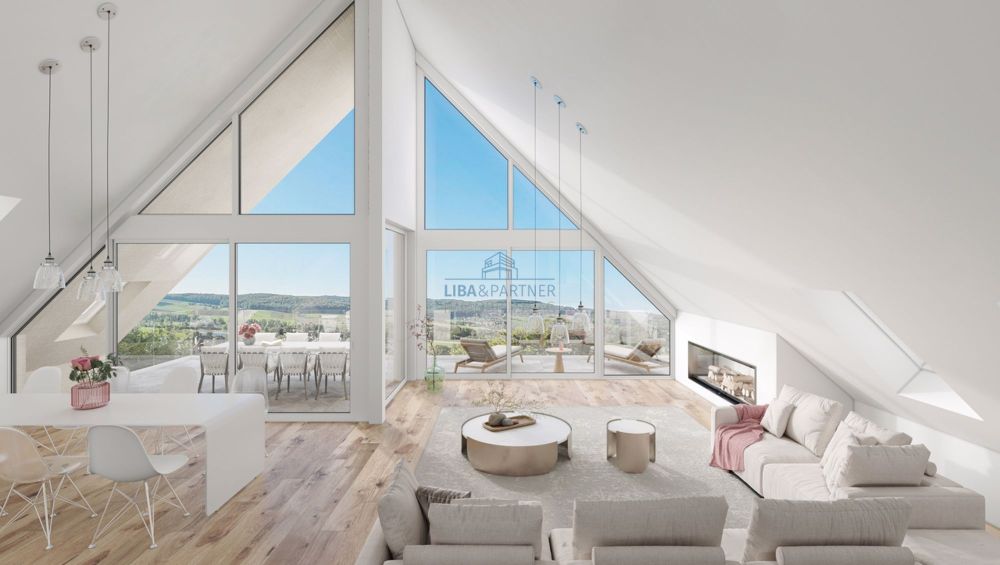 The View - Architektur, Raum & Aussicht in Perfektion - 4.5-Attika-Whg - Wohn- Essbereich / Living and dining area