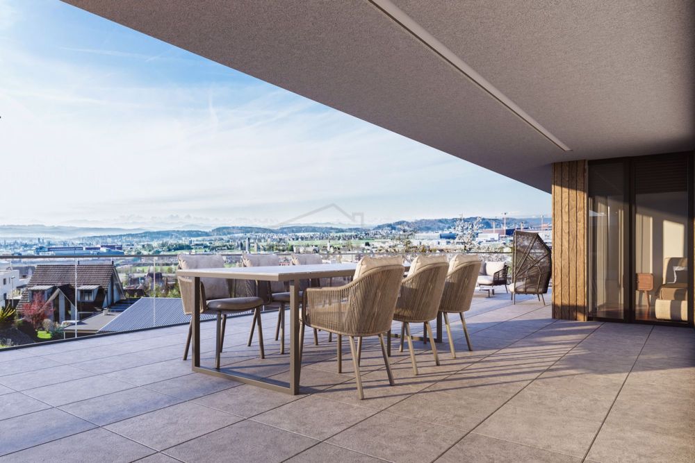 Projekt Weitblick - exklusives Wohnen mit Blick auf die Alpen! - Überdachter Sitzplatz zum Essen und Geniessen