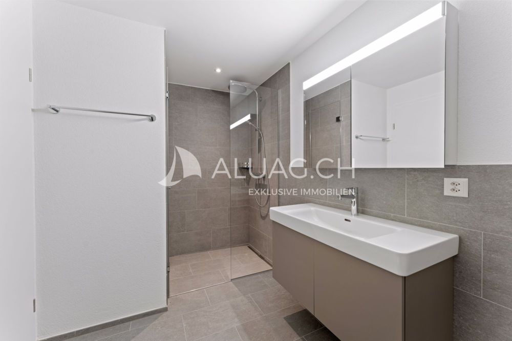 3.5 ZIMMER - SONNIG UND ÜBER DEM NEBEL - Badezimmer mit Regendusche und zeitloser Gestaltung in stilvollen Grau- und Weisstönen
