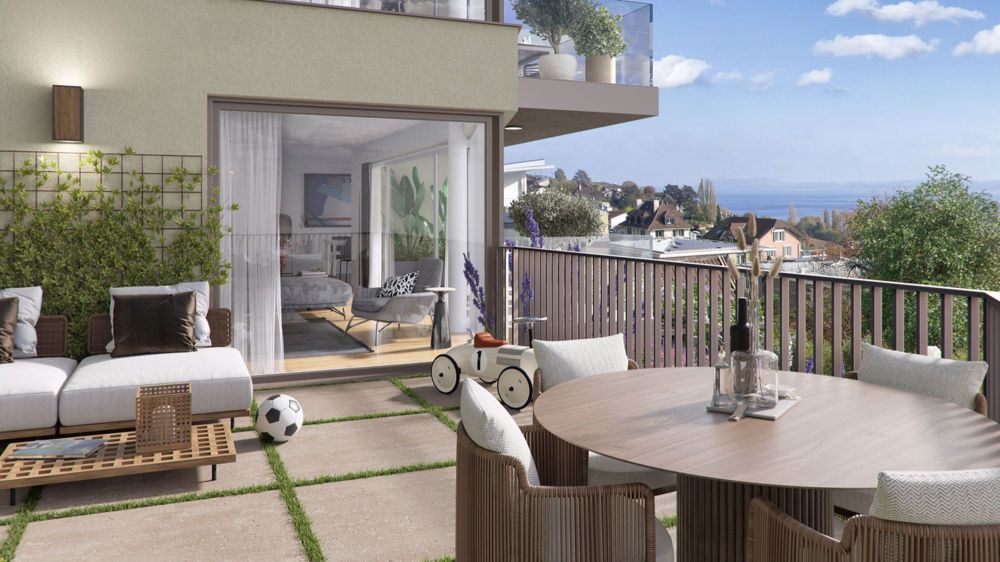 Confort, élégance et modernité pour cet appartement 4,5 pièces - / a modern apartment with a balcony, deck and patio with outdoor furniture