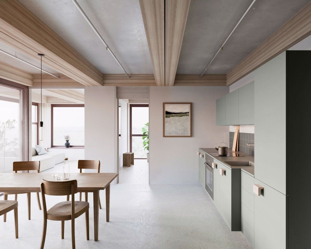 MIETEN OHNE KAUTION - Wohnen mit Weitblick im 17. Stock - Visualisierung Küche, Ausbauvariante Parkett-Anhydrit, Küche in Feldgrau