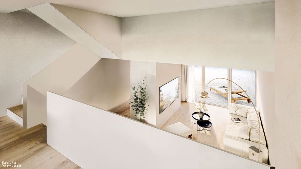 8 villas mitoyennes de 4,5 pièces - Vue sur séjour depuis cuisine salle à manger