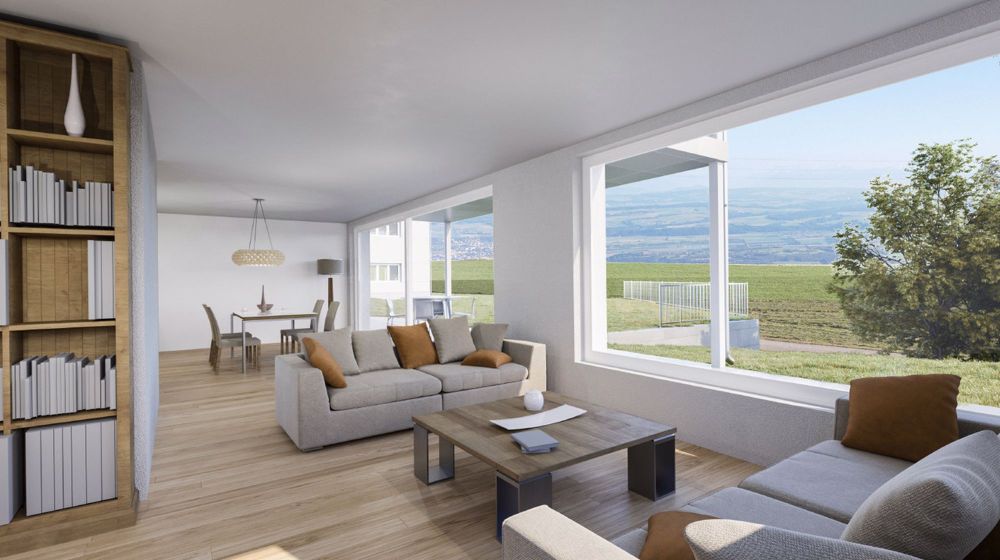 Appt PPE neu von 4.5 Zimmern, Terrasse und Garten Résidence Grand-Vue - Exemple d'agencement intérieur au rez-de-chaussée (image de synthèse)