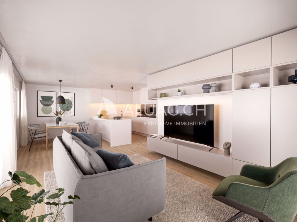 4.5 ZIMMER NEUBAUWOHNUNG IM PARTERRE - Modernes, lichtdurchflutetes Wohn- und Esszimmer mit offener Küche.