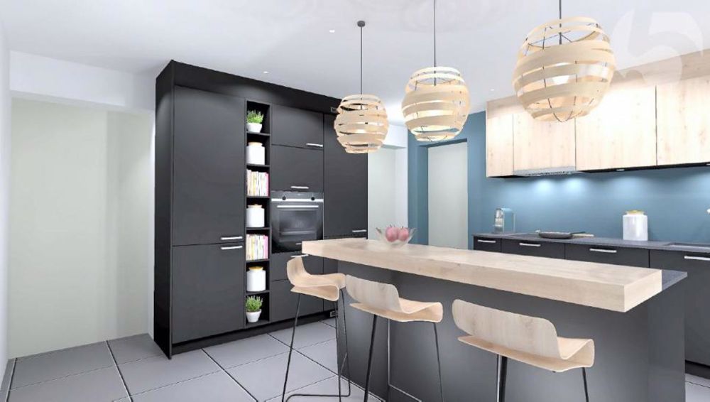 Villars-le-Terroir, Baustelle im Gange: Geräumiges 5,5-Zimmer-Apartment (anpassbar auf 4,5 Zimmer) mit 130 m2 und Südbalkon - Einheit B8 - Illustration agencement de cuisine, projet modifiable - budget confortable de 30'000.-