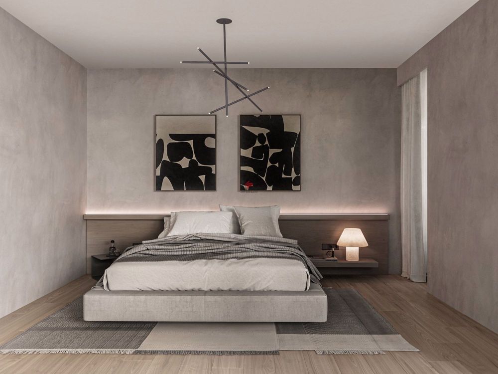 Villa E mit Traum-Aussicht über den Murtensee - / a modern bedroom with a large bed and paintings on the wall