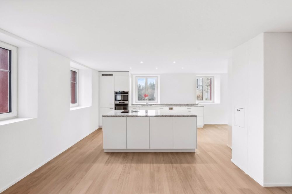 Neubau an erhöhter Lage mit Weitsicht - / a modern kitchen with white walls and wooden floors and large windows