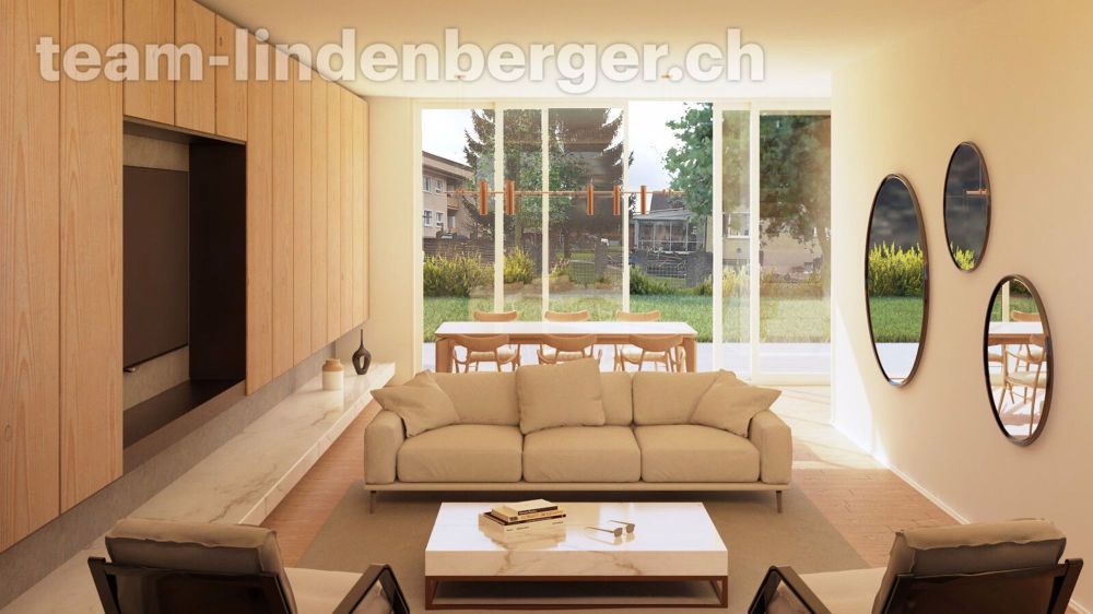 Neubauprojekt 2 Einfamilienhäuser - Wohnbereich mit grosszügigen Fensterfronten