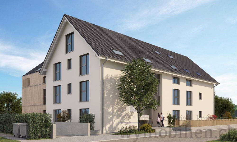 Wohntraum mit 4.5 Zimmer im 1. OG (Whg 522-3) - Baustart ist erfolgt! - Ansicht Nordost mit der Einfahrt in die Einstellhalle