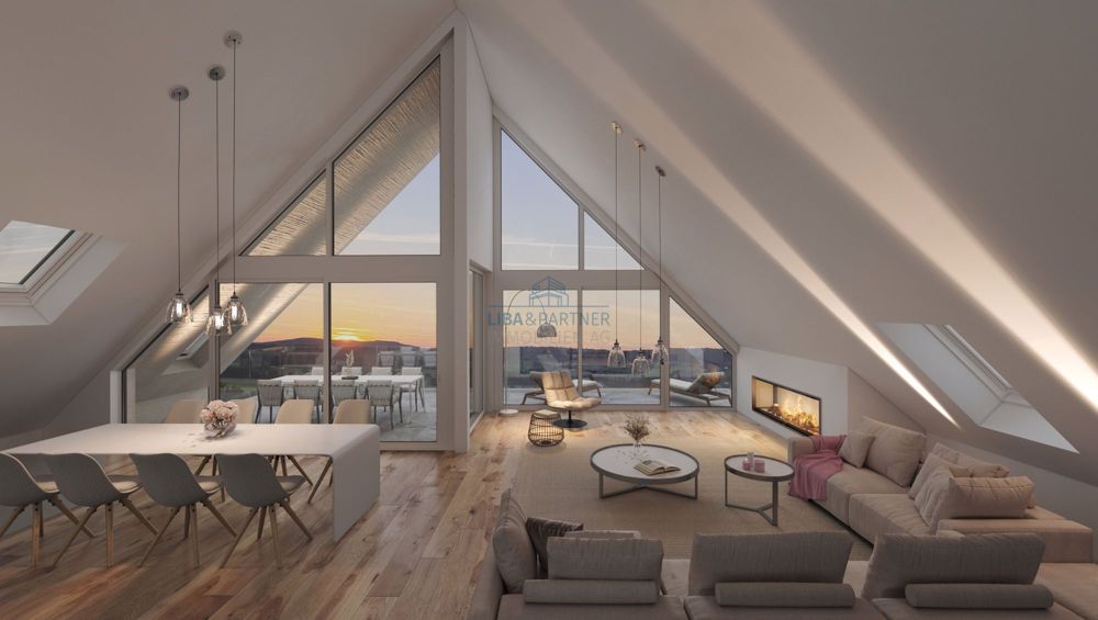 The View - Architektur, Raum & Aussicht in Perfektion - 4.5-Attika-Whg - Wohn- Essbereich mit Abendstimmung / Living and dining area with evening atmosphere