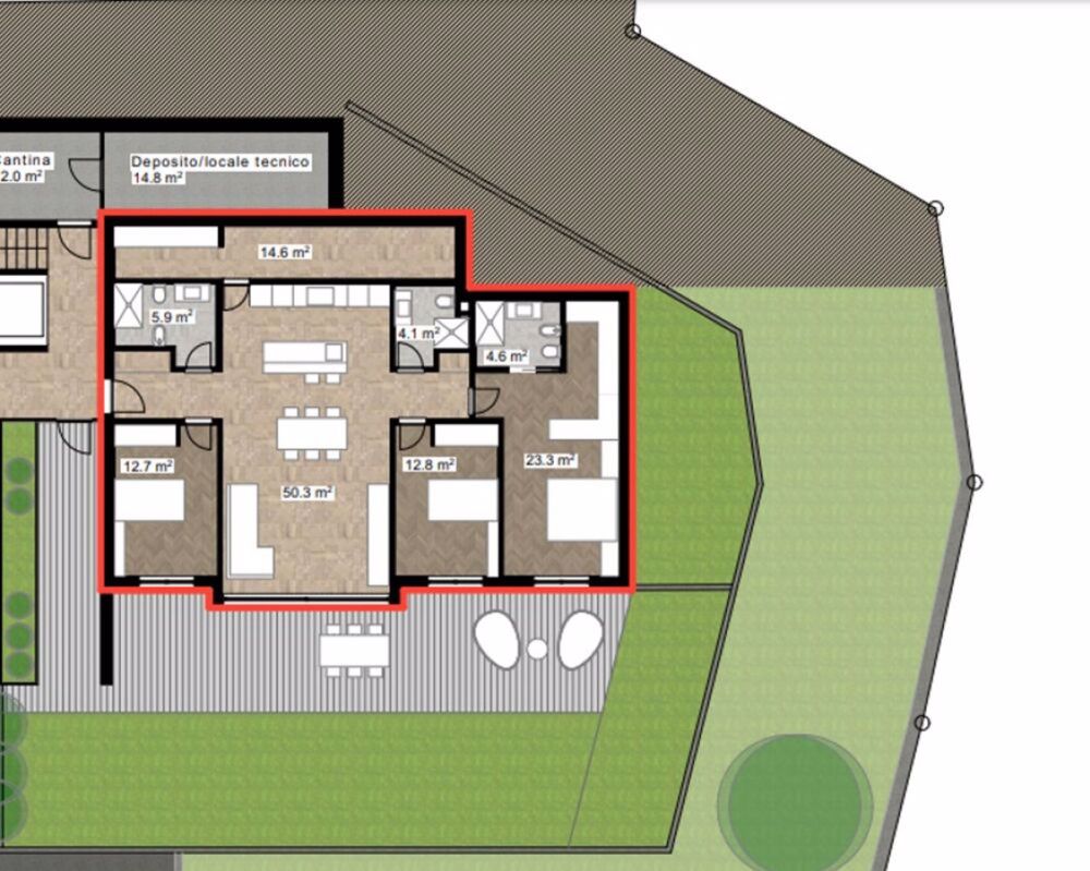 Interessante progetto per appartamento di 4 ½ locali con giardino | Interessantes Projekt für eine 4 ½-Zimmer-Wohnung mit Garten und Garage - plan1.jpg