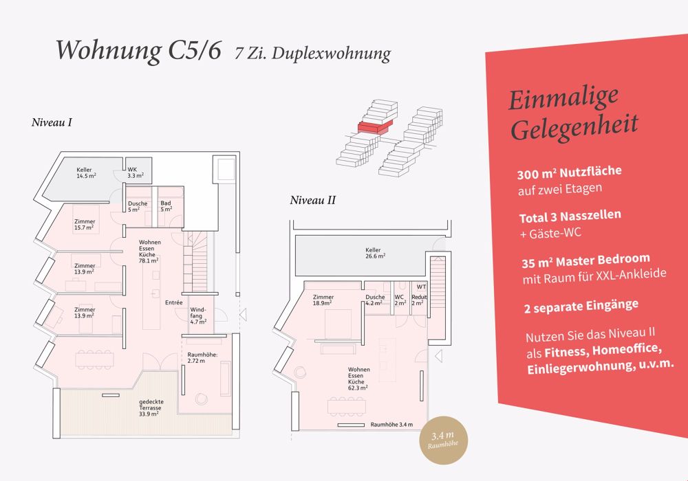 Duplex-Wohntraum mit 300m2 - NEUBAU - Wohnung C5/6 | 7 Zimmer Duplexwohnung