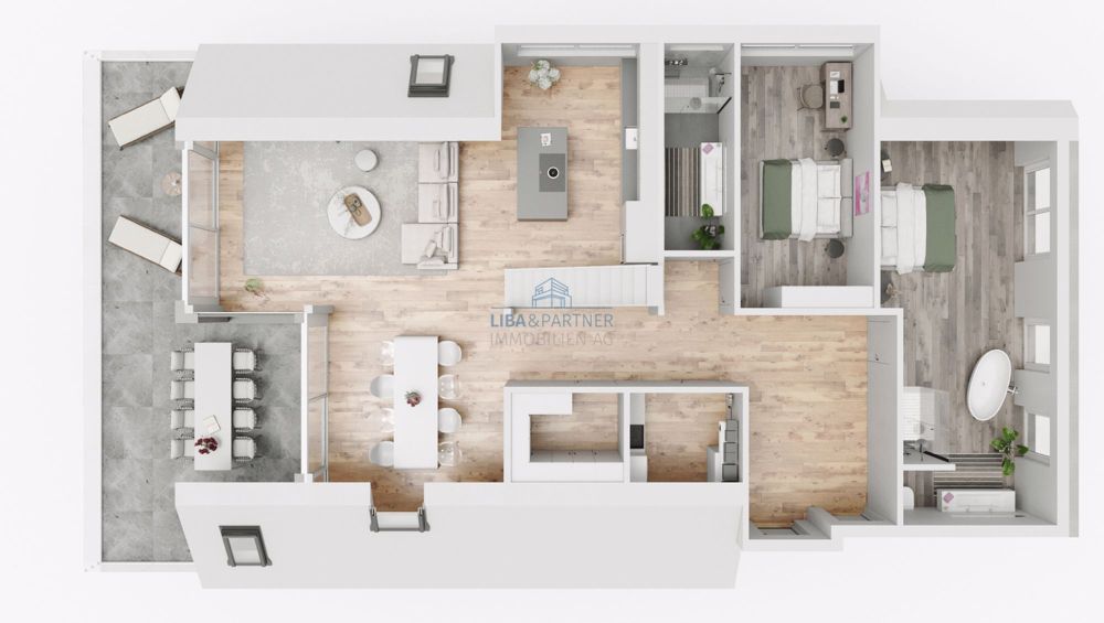The View - Architektur, Raum & Aussicht in Perfektion - 4.5-Attika-Whg - Möblierte 3D-Grundrissdarstellung Variante 1 / Furnished 3D floor plan variant 1