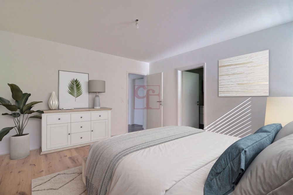 Arconciel - Prachtvolles 4.5-Zimmer-Neubau-Dachgeschoss - Simulation d'ameublement de la chambre à coucher avec salle de bain privative