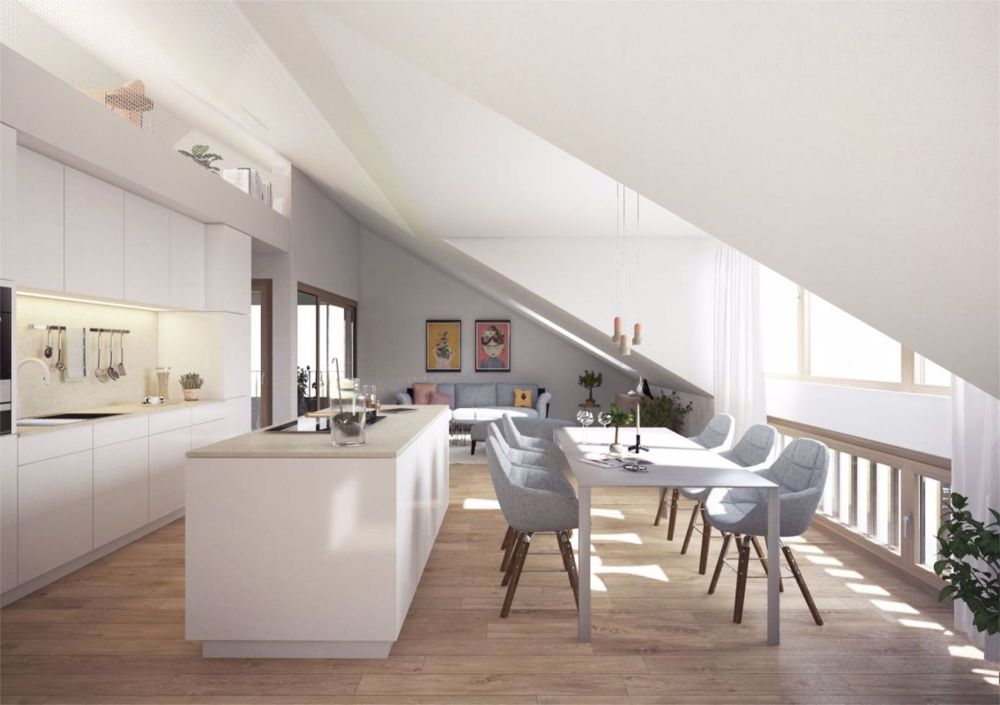 Wolkestei: 3.5-Zimmer-Wohnung im Herz der Rheinidylle - Küche mit Kücheninsel