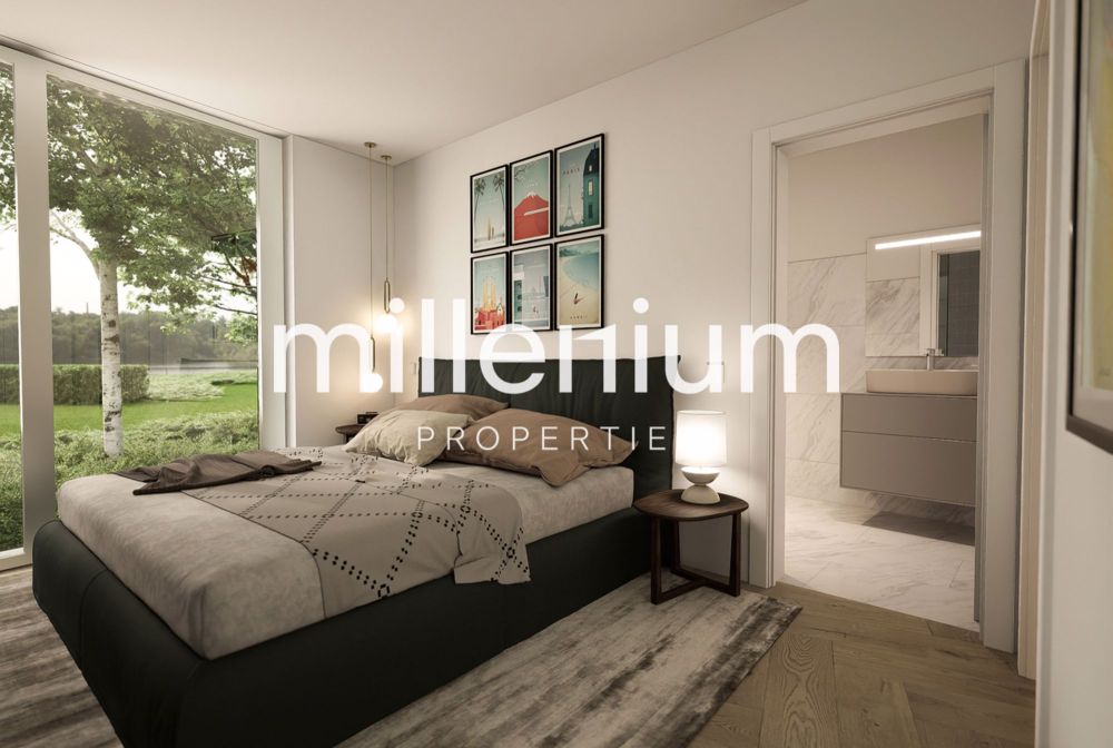 Projet STIERLIN - Villa F - une photo d'une petite chambre dans une maison moderne avec une grande fenêtre / a picture of a small bedroom in a modern home with a large window