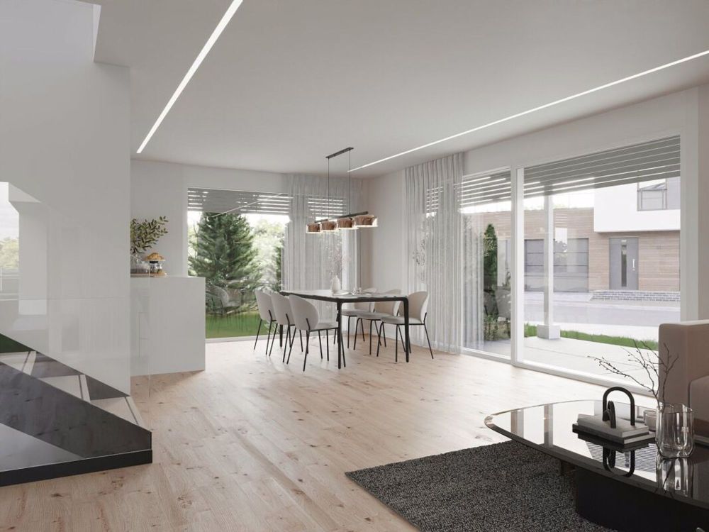 Neubau-Traumhaus - stilvoll, familienfreundlich & freistehend - Essbereich mit Zugang zum Sitzplatz
