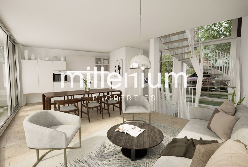 Projet STIERLIN - Villa F - un salon moderne avec des meubles blancs, une grande table et des chaises devant une porte coulissante en verre / a modern living room with white furniture and a large table and chairs in front of a s