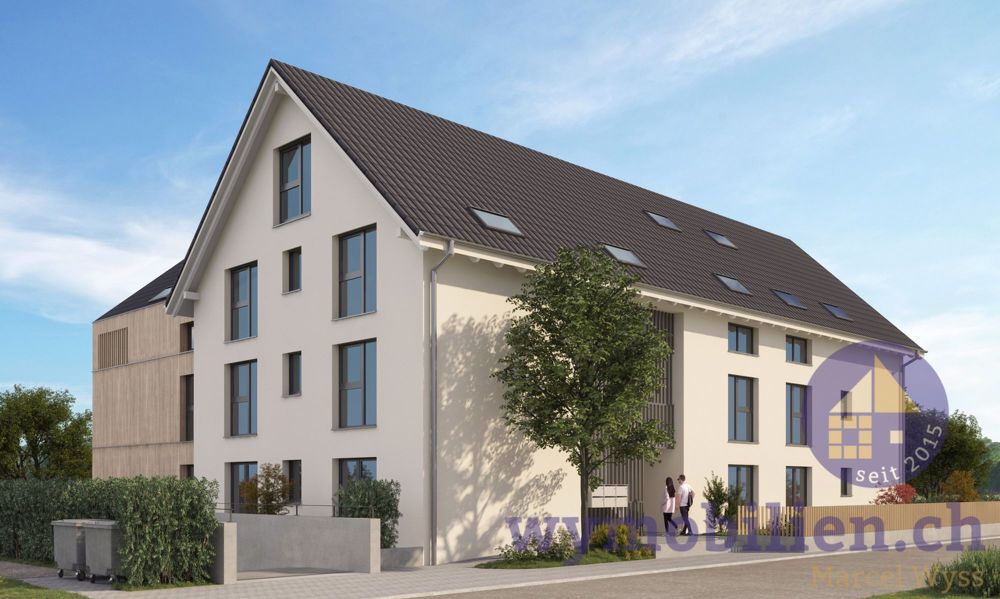 Wohntraum mit privatem Garten - Einzug Sommer 2026! - Ansicht Nordost mit der Einfahrt in die Einstellhalle