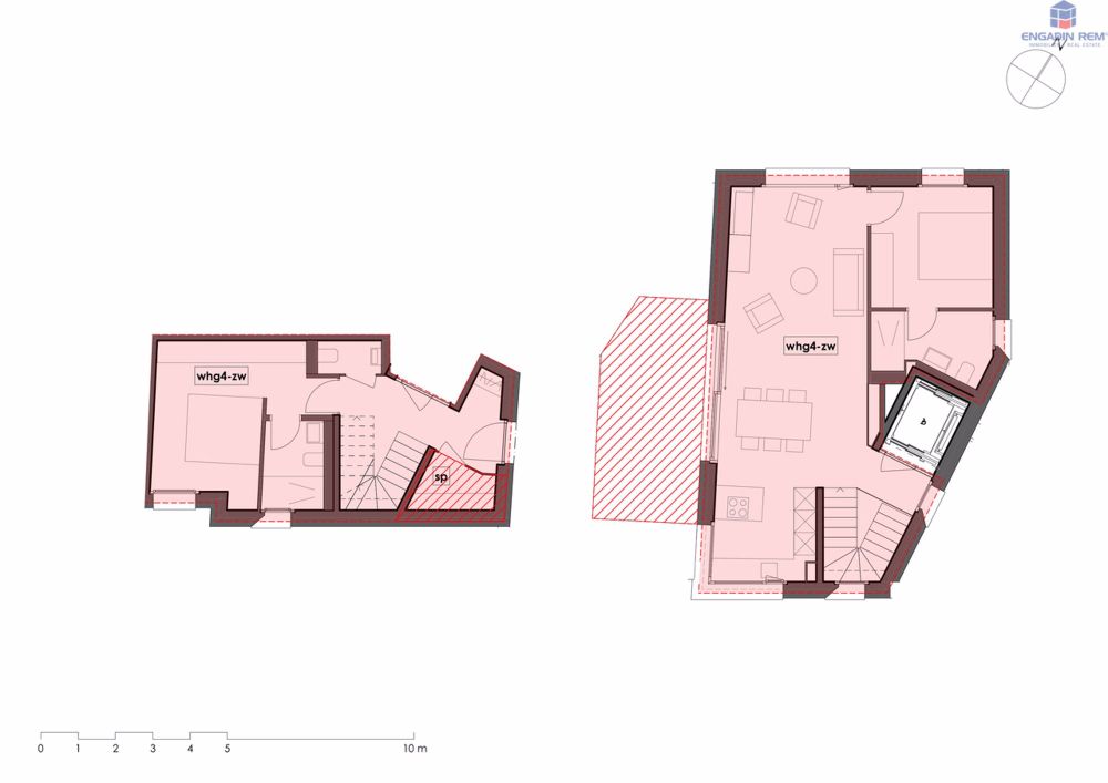 «Zuoberst» in der CHESA TERRAFINA 3.5-Zi-Maisonette-Zweitwohnung - Grundriss Maisonette-Wohnung Nr. 4 / Floor plan of maisonette no. 4 / Pianta dell'appartamento duplex no. 4