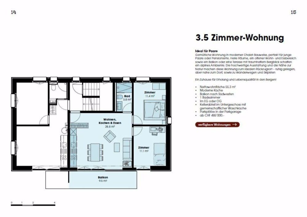 Eggetli-Adelboden - 4½ Zimmer EG/OG Wohnungen - Grundlrissplan 3.5 Zi. Wohnung