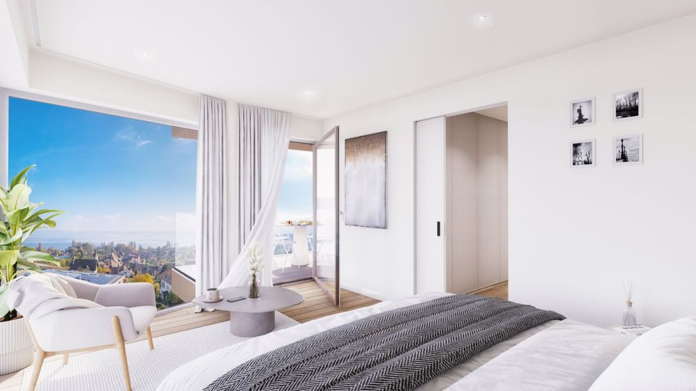 Confort, élégance et modernité pour cet appartement 4,5 pièces - / a picture of a modern bedroom with a large window overlooking the city