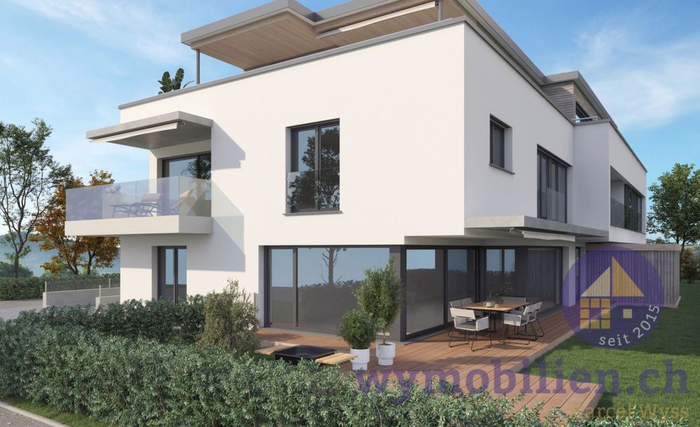 3.5-Zimmer-Wohnung OG Ost mit 133.5m² Nutzfläche (1090-05) - Ansicht West mit der Garten- und OG Wohnung West (1090-01 / 1090-03)