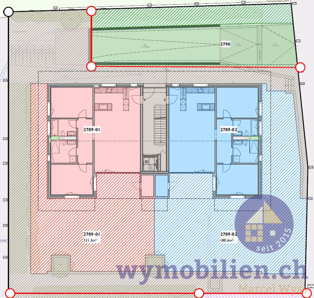 Privater Garten mit 131m2, 3.5 Zimmer, Einstellhalle, Lift! - Privater Gartenbereich (rot=Wohnung Nr. 1/blau Wohnung Nr. 2)