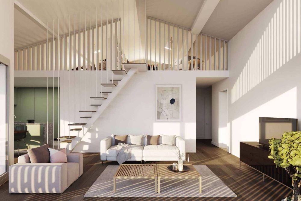 Appartement neuf de 4.5 pièces en attique avec mezzanine et vue spectaculaire sur le lac à vendre à Jongny - Lot D2 - Séjour avec mezzanine