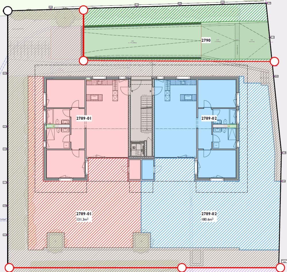 Wohnpark Ochsen - Wohlfühlen im Oberdorf (6 Einheiten) - Privater Gartenbereich (rot=Wohnung Nr. 1/blau Wohnung Nr. 2)