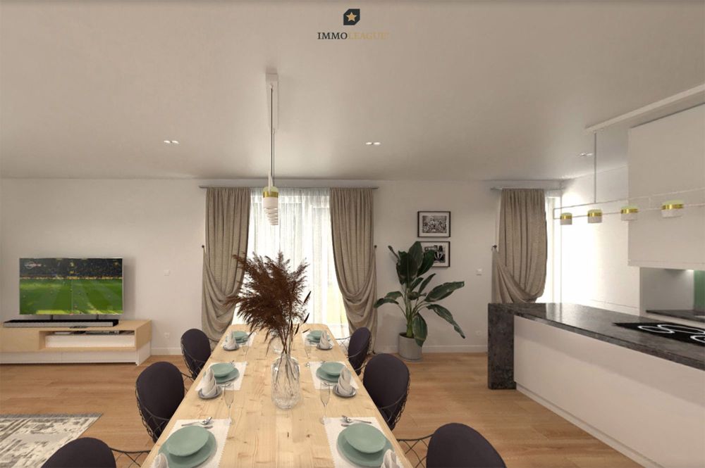 Moderne Neubau Gartenmaisonette-Wohnung in unmittelbarer Rheinnähe - Wohn- Essbereich Beispiel der Musterwohnung.