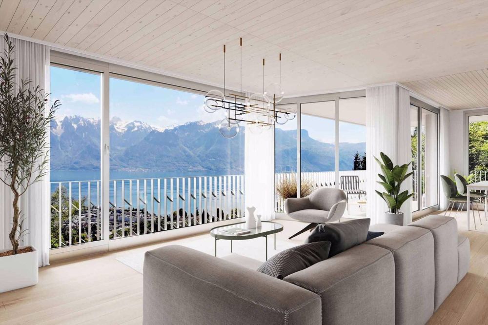 Appartement neuf de 3.5 pièces avec balcons et vue panoramique sur le lac à vendre à Jongny - Lot D1 - Séjour avec vue sur le lac