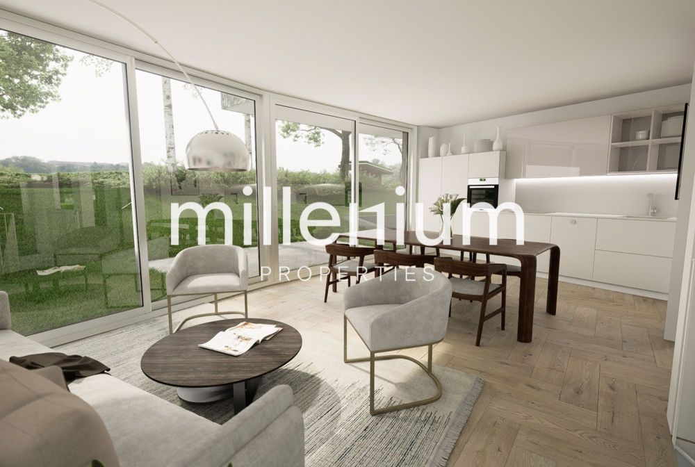 Projet STIERLIN - Villa F - un appartement moderne avec un salon, une cuisine et de grandes fenêtres avec des portes vitrées / a modern apartment with a living room, kitchen and large windows with glass doors