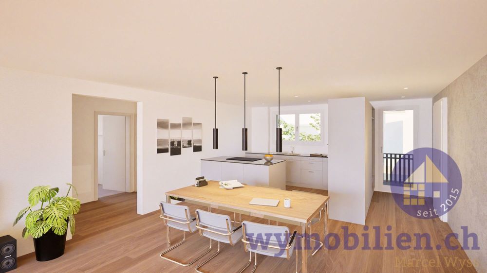Privater Garten mit 131m2, 3.5 Zimmer, Einstellhalle, Lift! - Essbereich/Küche mit Kochinsel (EG/OG Wohnungen)