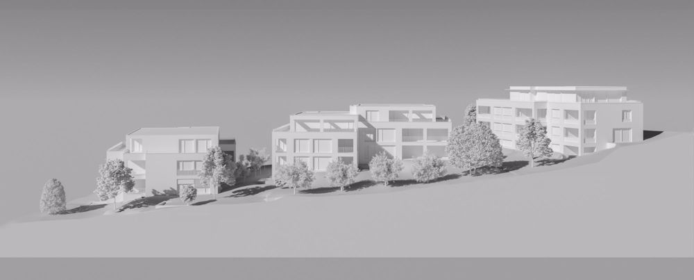 Neubau EG-Maisonette-Wohnung an schöner Lage (C-1.0) - ein 3d-Modell eines Hauses auf einem Hügel mit Bäumen und Schnee / a 3d model of a house on a hill with trees and snow