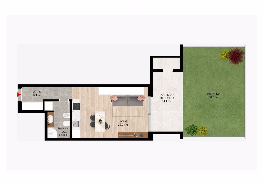 Wohnung mit 1,5 Zimmern von 43 m², 14 m² Portikus und 36 m² Garten im 1. Stock - Bild 1