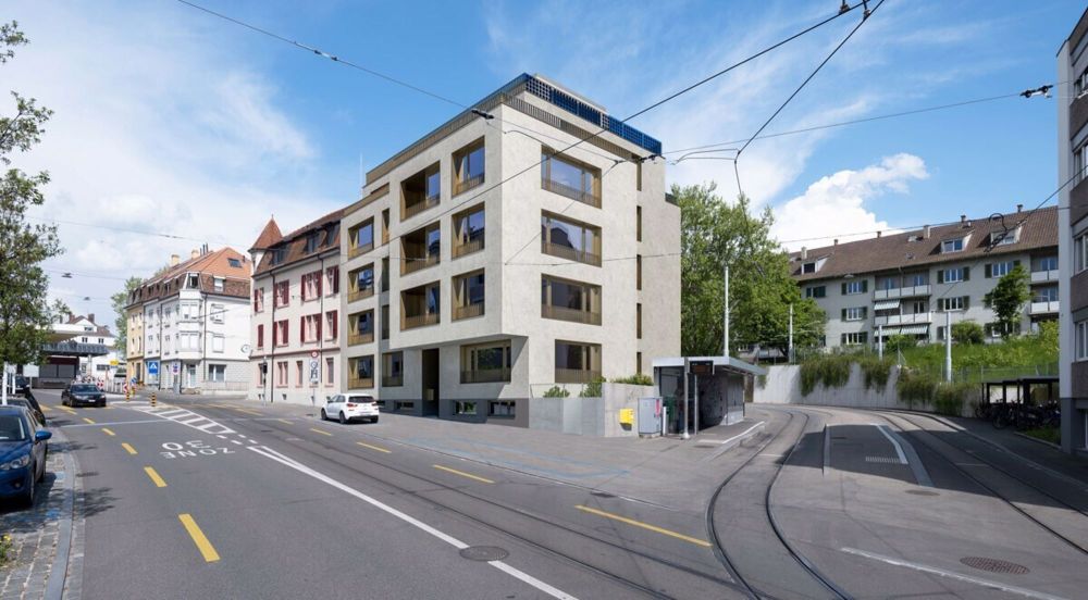 moderne, helle Neubau-Eigentumswohnung mit Balkon bei Tramstation - Elegante Strassenseite