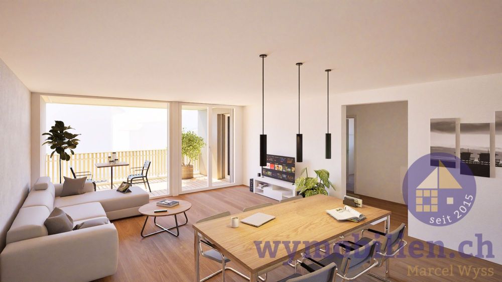 Einzug Frühling 2026! 3.5 Zimmer, 2 Bäder, Lift! - Blick vom Essbereich in den Wohnbereich (EG/OG Wohnungen)