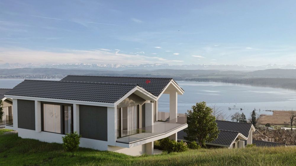 Villa E mit Traum-Aussicht über den Murtensee - / modern home on a hill overlooking a lake