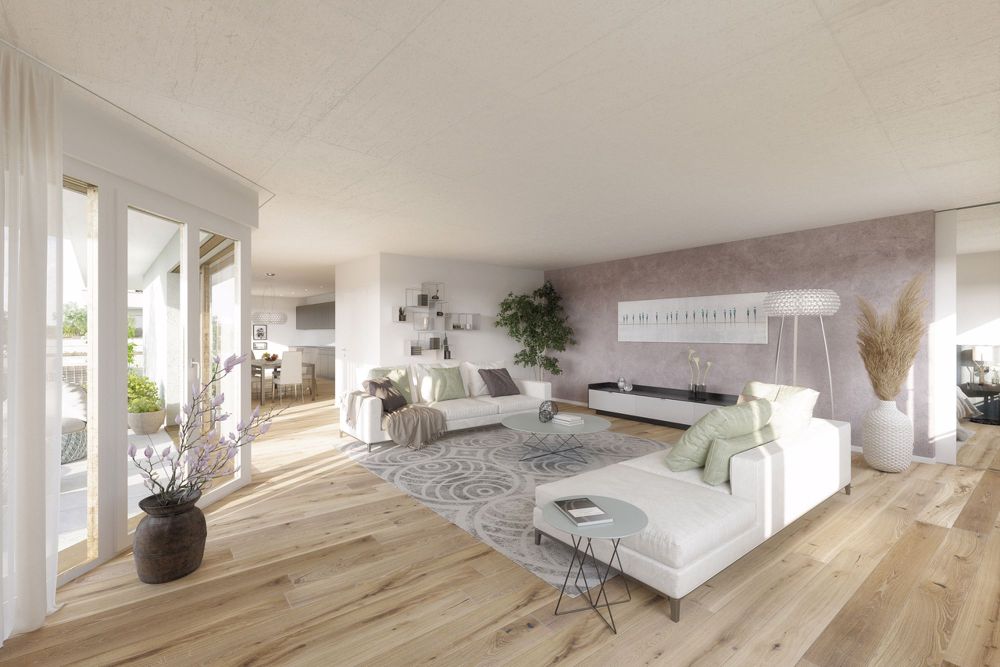 Schöner wohnen in Münchenstein. Nachhaltig und energieeffizient. - Visualisierung Wohnzimmer/Ausschnitt Dachterrasse
