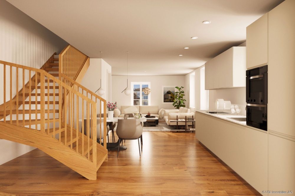 Pintenwirtschaft - neue 3-Zimmer-Maisonettewohnung in geschichtsträch - Küche und Wohnzimmer