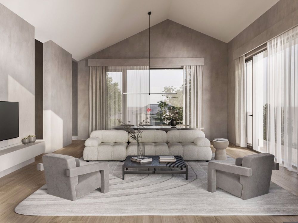 Villa E mit Traum-Aussicht über den Murtensee - / a modern living room with large windows, a white couch and chair