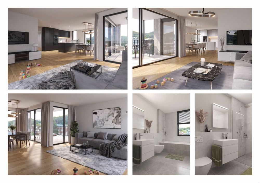 Nur noch 6 Wohnungen in 2 Neubauten, zentral und ruhig - Künftige Innenansichten Wohnzimmer und Bäder