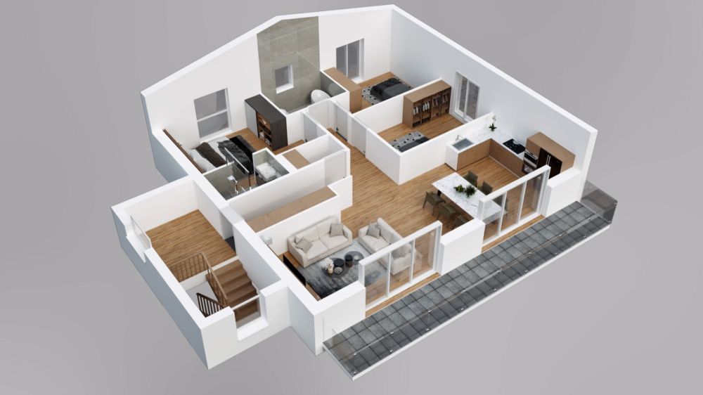 Appartement de 4,5 pièces aux combles avec sous-sol et garage double. - Plan 3D