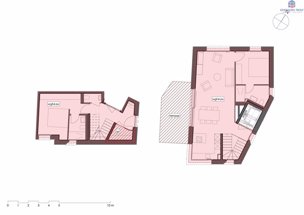 «Zuoberst» in der CHESA TERRAFINA 3.5-Zi-Maisonette-Zweitwohnung - Grundriss Maisonette-Wohnung Nr. 4 / Floor plan of maisonette no. 4 / Pianta dell'appartamento duplex no. 4