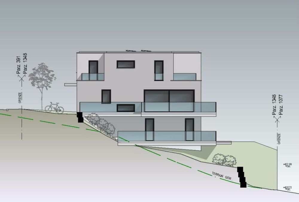 Modernes Eigenheim mit Panorama-Weitsicht ins Grüne und die umliegende Berglandschaft. - Südfassade