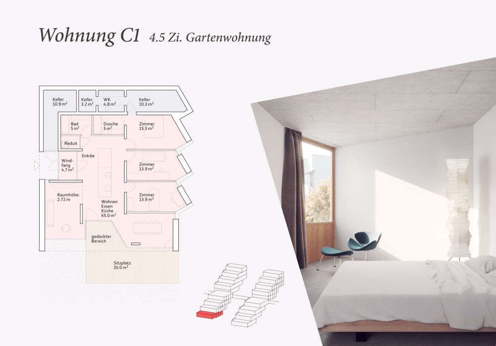 Moderne, hochwertige Sichtbeton-Bauweise (Letzte Gartenwohnung) - Wohnung C1 | 4.5 Zimmer Gartenwohnung