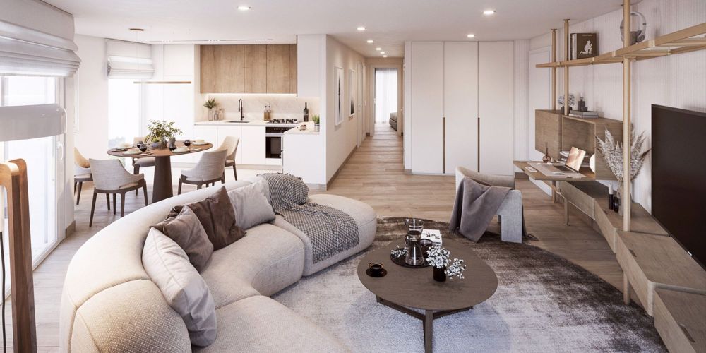 Appt PPE neuf de 2.5 pces avec terrasse Campagne Pernod, lot A1 - Exemple d'agencement intérieur (image de synthèse)